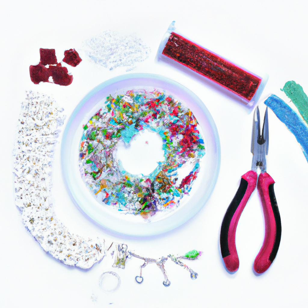 Color-coordinated seed beads and beading tools arranged minimally
