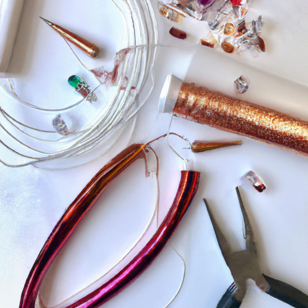 Wire wrapping jewelry tools and copper wire on a clean white surface