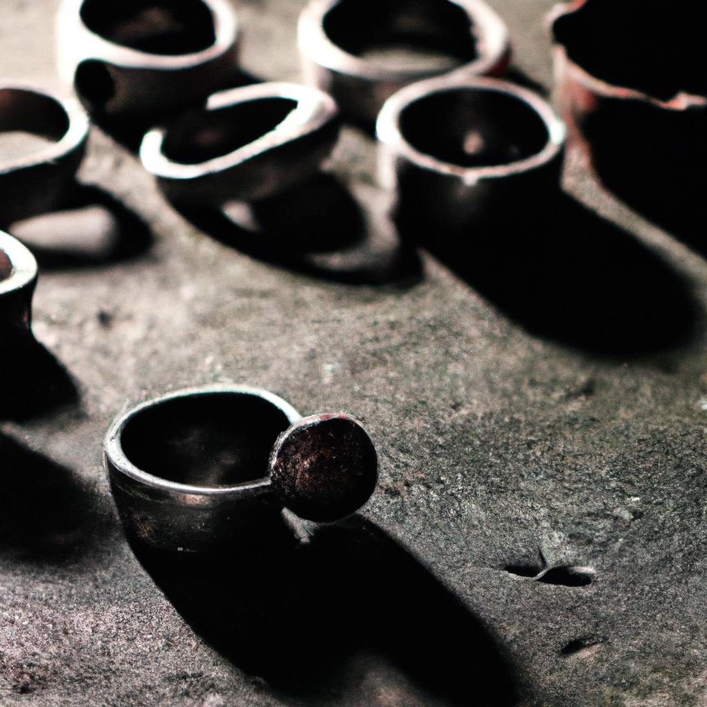 Metal clay ring with textured finish and kiln firing tools in a clean studio
