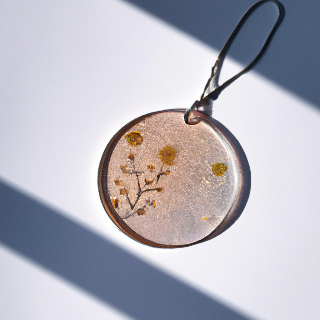 Transparent resin pendant with dried flowers on minimal background